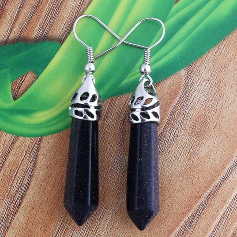 Blue Sandstone Hexagon Point Dangle Earrings - Picture 2 of 2